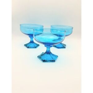 Vintage Turquoise Blue Glass Champagne Coupes Hexagonal Base Set of 3 MCM